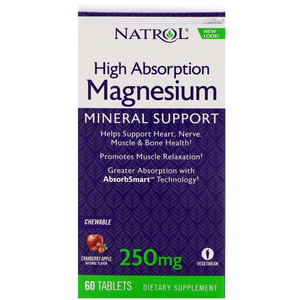 Natrol, magnez o wysokiej wchłanialności, aromat żurawinowo-jabłkowy, 250 mg, 60 tabletek