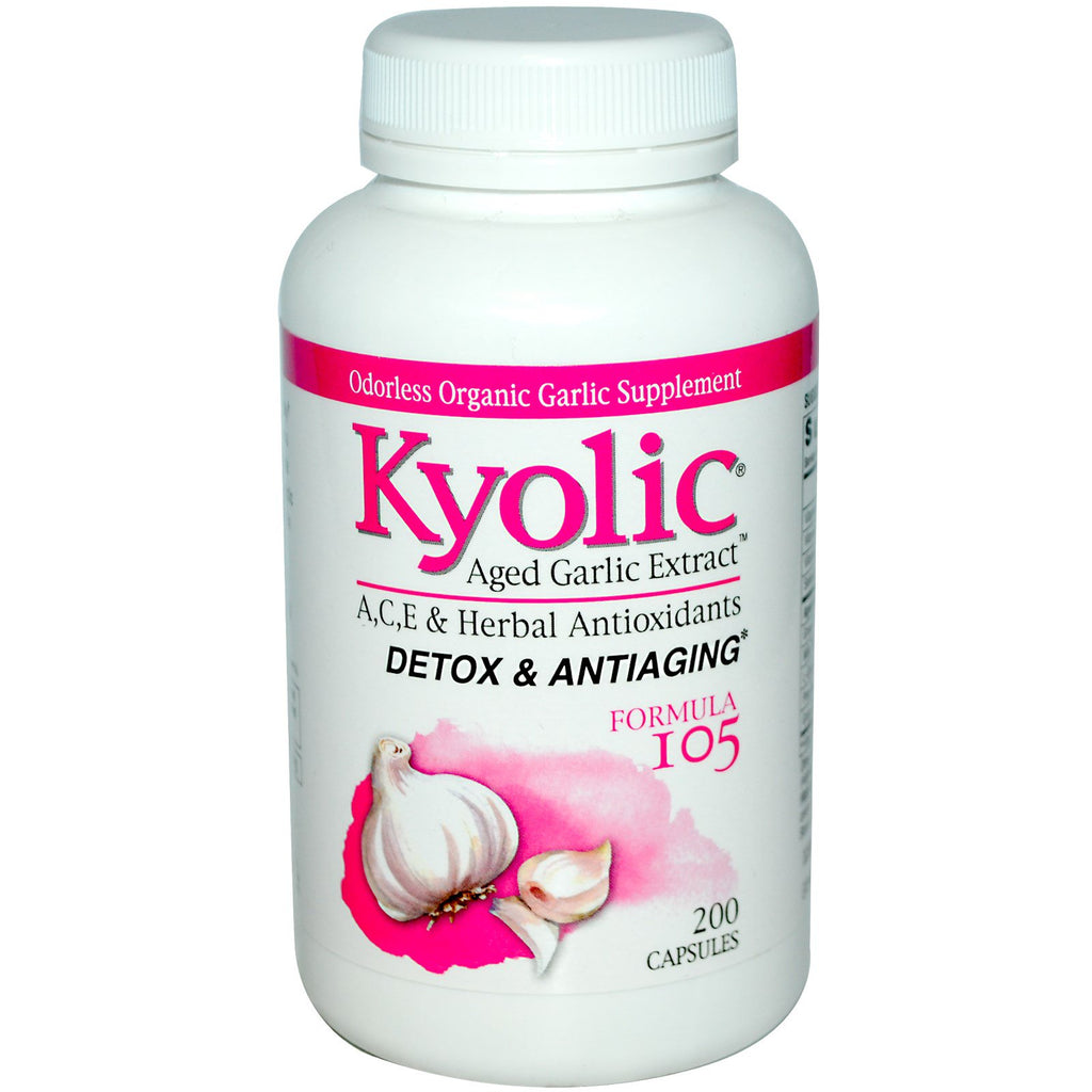 Wakunaga - Kyolic, extracto de ajo añejo, desintoxicante y antienvejecimiento, fórmula 105, 200 cápsulas