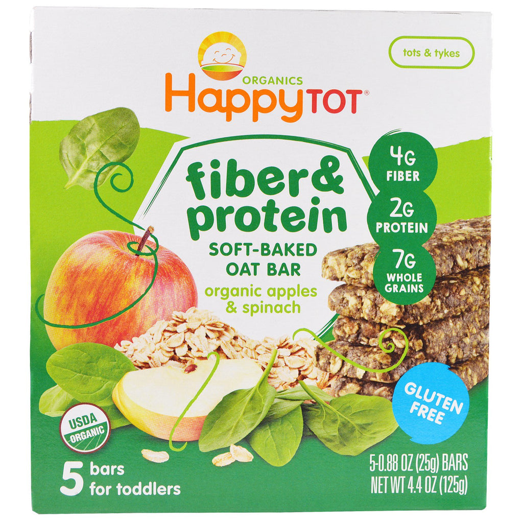 Nurture Inc. (Happy Baby) Happytot Fiber & Protein mykbakt havrebar Epler & spinat 5 barer 25 g (0,88 oz) hver