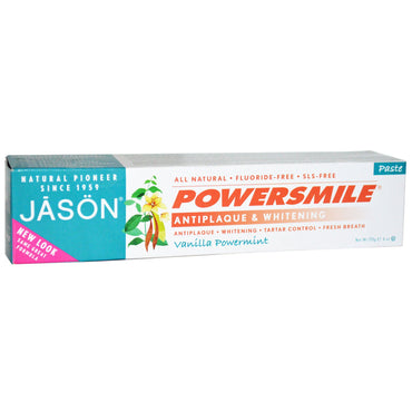 Jason Natural, パワースマイル、歯垢防止 & ホワイトニング歯磨き粉、バニラ パワーミント、6 オンス (170 g)