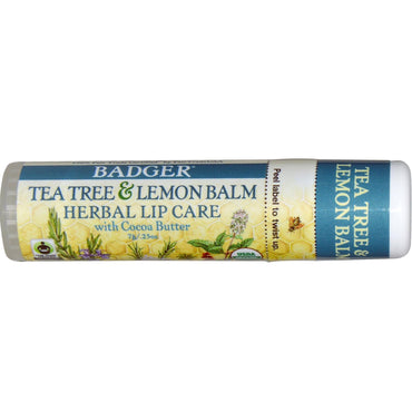 Badger Company, شجرة الشاي وبلسم الليمون العشبي للعناية بالشفاه مع زبدة الكاكاو، .25 أونصة (7 جم)