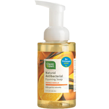 Clean Well, Jabón en espuma antibacteriano natural, naranja vainilla, 9,5 fl oz (280 ml)