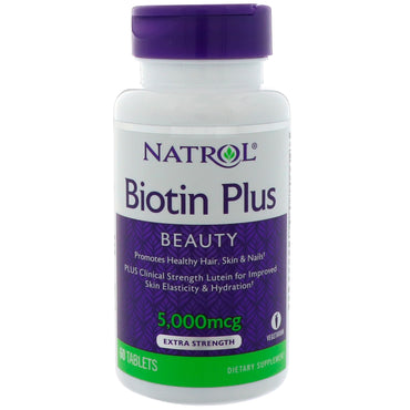 Natrol, Biotina Plus, Belleza, Fuerza extra, 5000 mcg, 60 tabletas