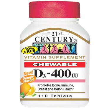 21e siècle, vitamine D3, à croquer, arôme orange, 400 UI, 110 comprimés
