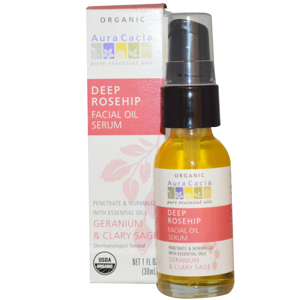 Aura Cacia, siero olio viso Deep Rosehip Essentials, geranio e salvia sclarea, 1 fl oz (30 ml)