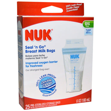 NUK, Bolsas para leche materna Seal 'n Go, 25 bolsas de almacenamiento, 6 oz (180 ml) cada una