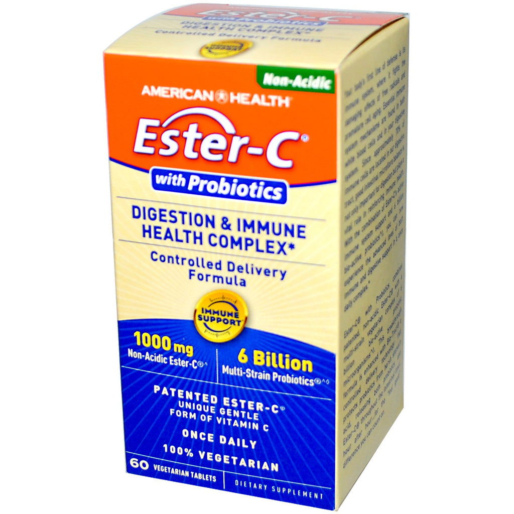 American Health, Ester-C, พร้อมโปรไบโอติก, การย่อยอาหารและสุขภาพภูมิคุ้มกัน, 60 แท็บผัก