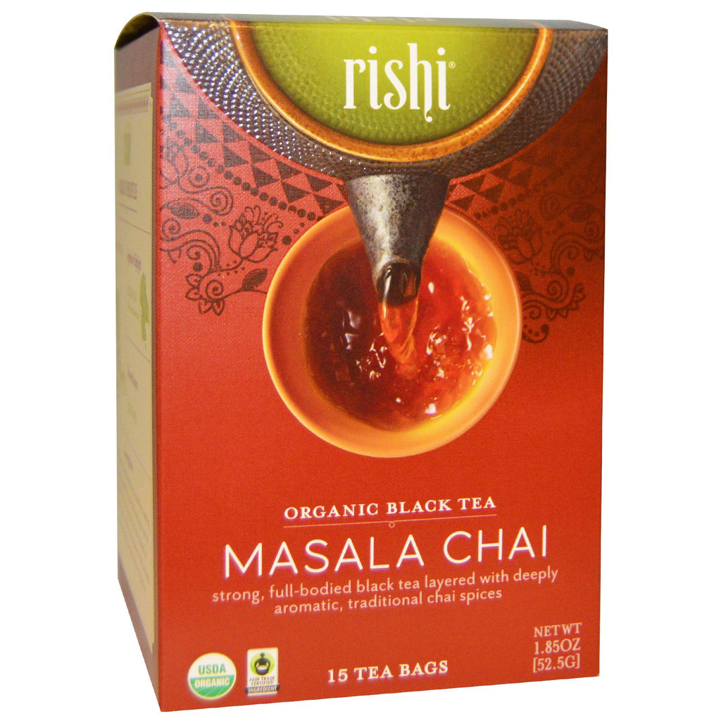 Rishi-te, svart te, Masala Chai, 15 teposer, 1,85 oz (52,5 g) hver