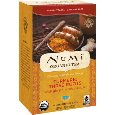 Numi Tea,  Tea, Herbal Teasan, Turmeric Three Roots, Caffeine Free, 12 Tea Bags, 1.42 oz (40.2 g)