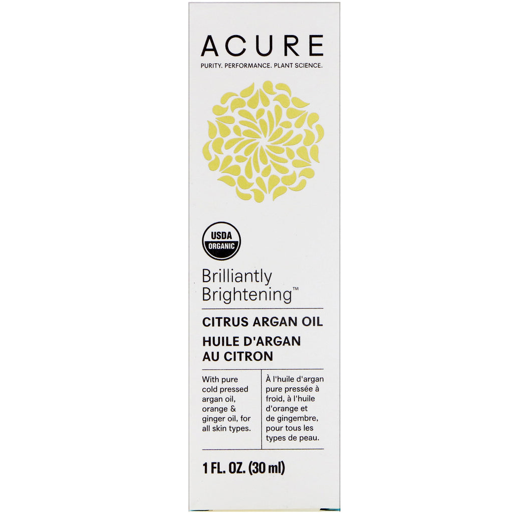 Acure, Brilliantly Brightening, Aceite de argán cítrico, 1 fl oz (30 ml)