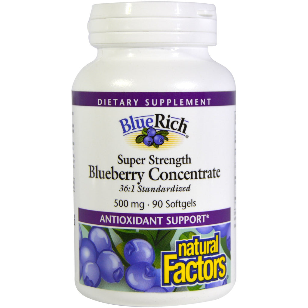 Natural Factors, BlueRich, super siła, koncentrat jagód, 500 mg, 90 kapsułek żelowych