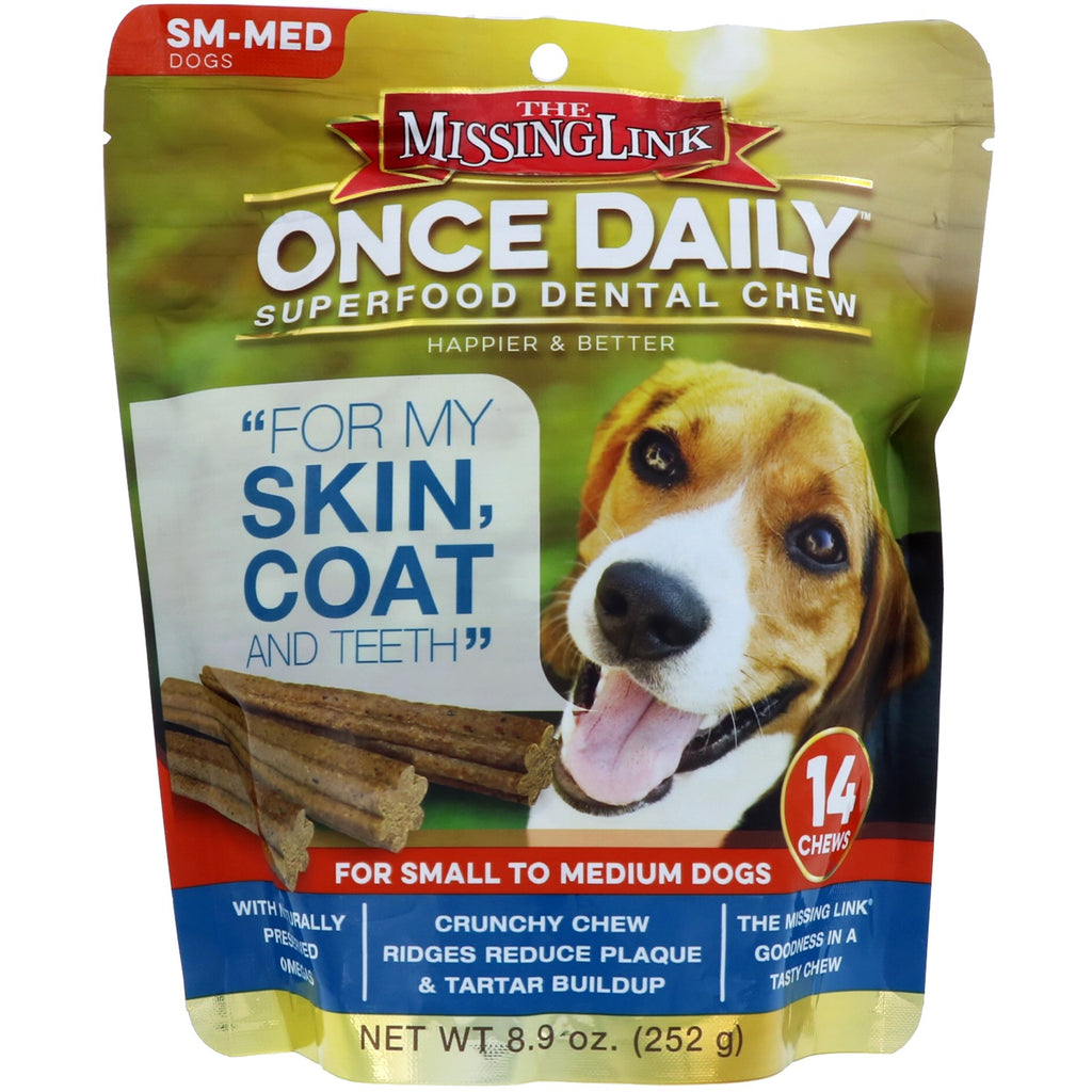 Veriga lipsă, o dată pe zi, mestecat dentar Superfood, pentru câini mici până la mijlocii, 14 produse de mestecat, 8,9 oz (252 g)