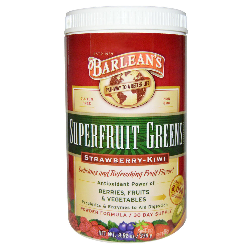 Barlean's อาหารเสริม Superfruit Greens สูตรผง สตรอเบอร์รี่-กีวี 9.52 ออนซ์ (270 กรัม)
