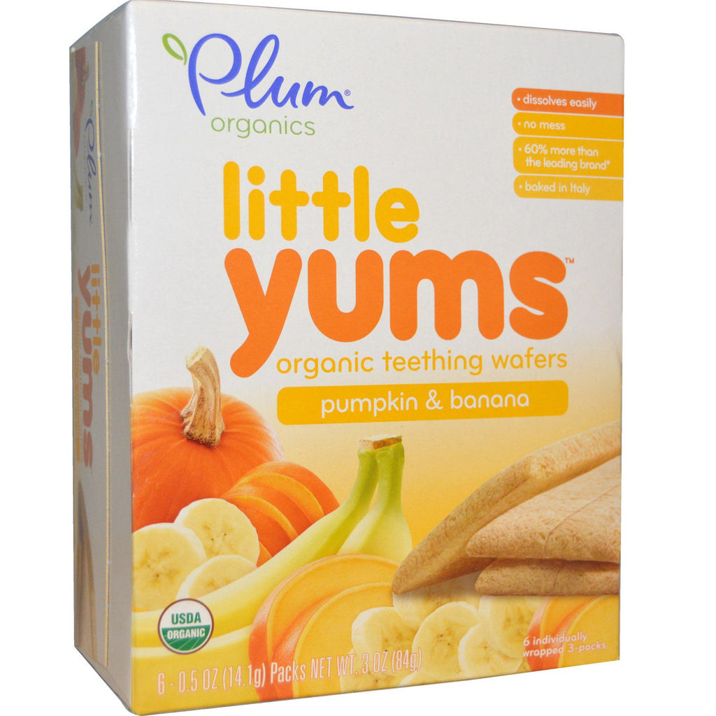 Plum s, Little Yums, gaufrettes de dentition, citrouille et banane, 6 paquets, 0,5 oz (14,1 g) chacun