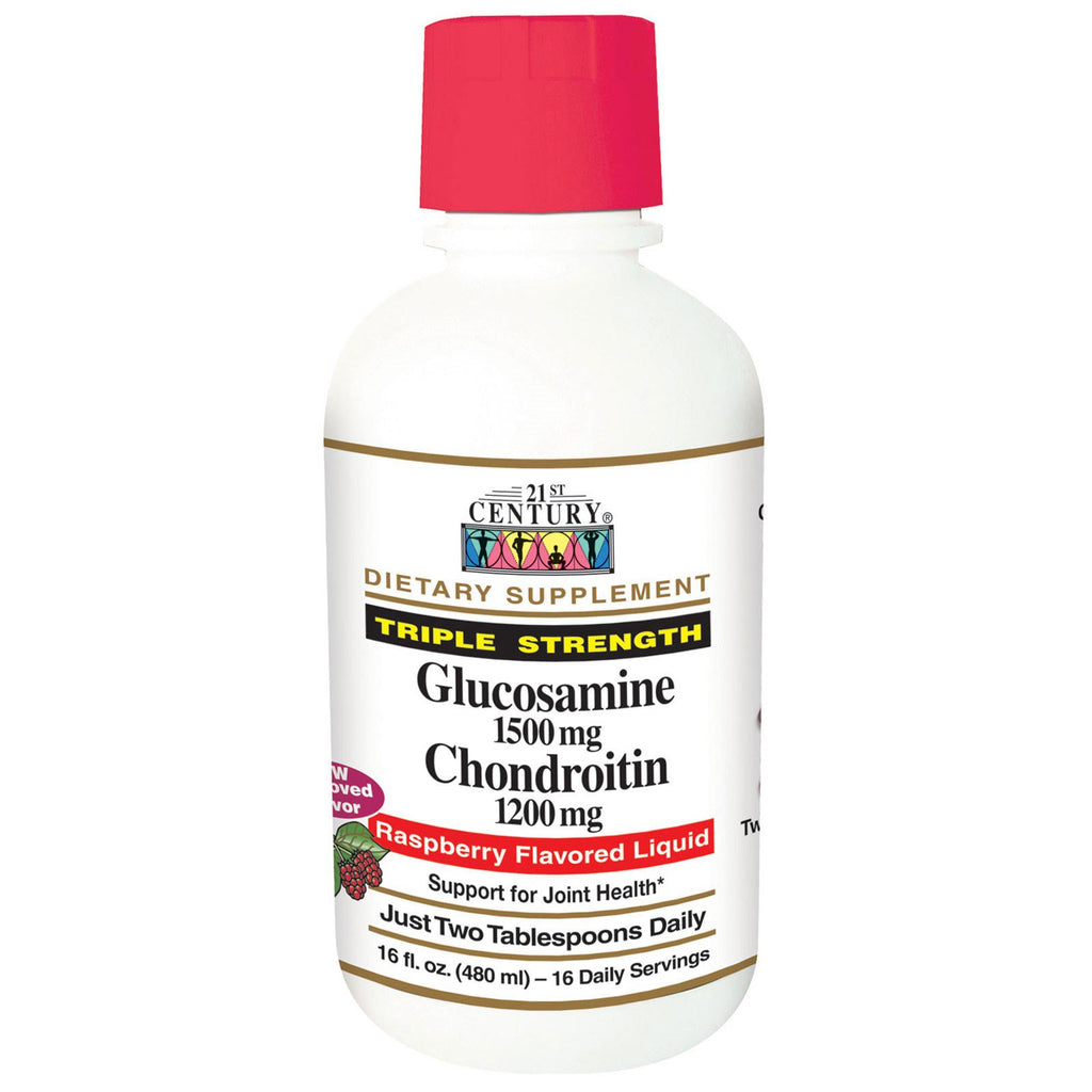 xXI wiek, Glukozamina 1500 mg Chondroityna 1200 mg, Płyn o smaku malinowym, 16 uncji (480 ml)