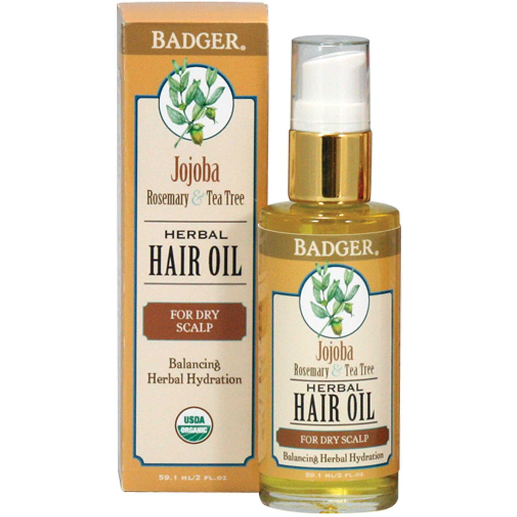 Badger Company, ulei de păr din plante de jojoba, rozmarin și arbore de ceai, 2 fl oz (59,1 ml)