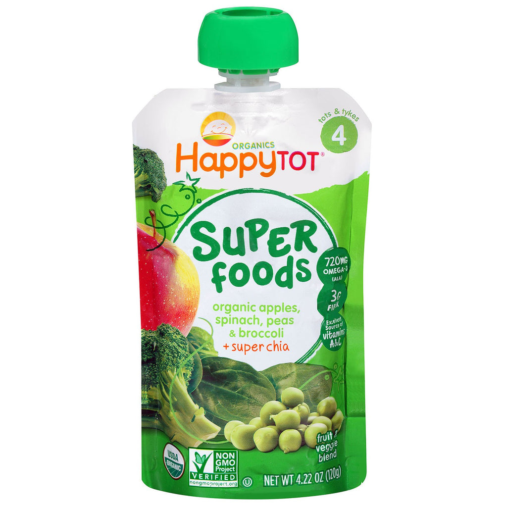 Nurture Inc. (Happy Baby) Happytot Superfoods Pommes Épinards Pois &amp; Brocoli + Super Chia 4,22 oz (120 g)
