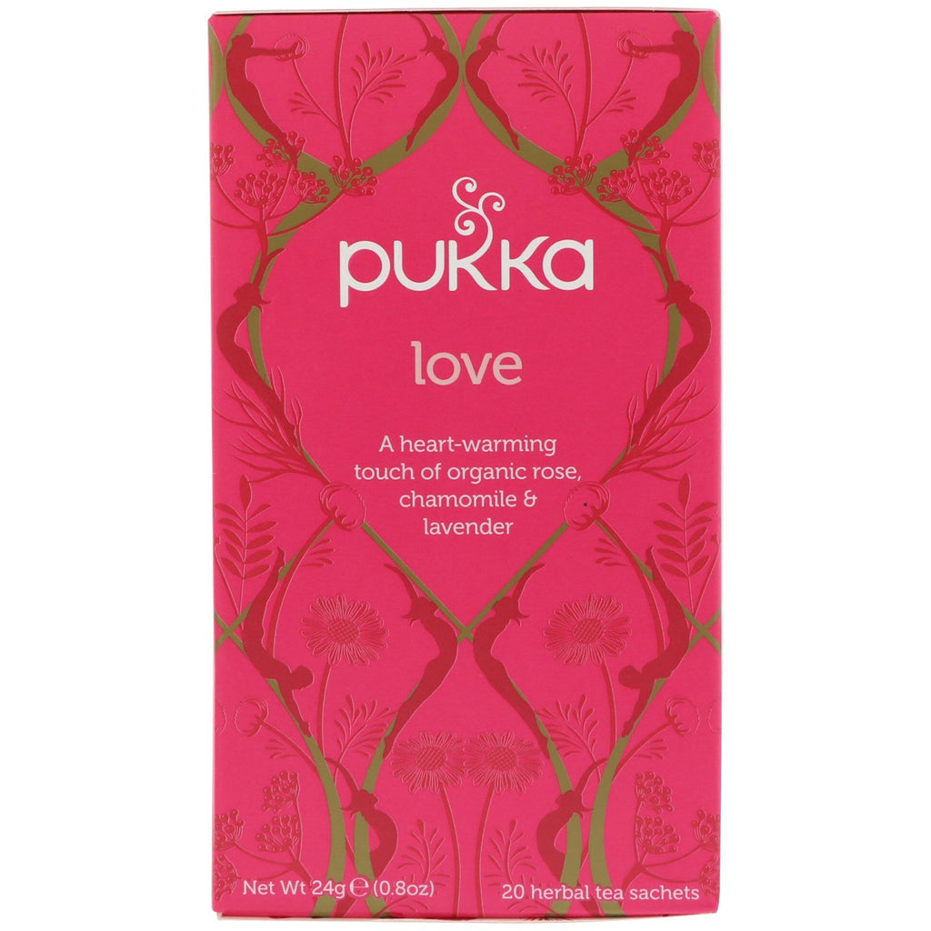 Pukka Herbs, Amor, té de rosa, manzanilla y lavanda, sin cafeína, 20 sobres de té, 24 g (0,8 oz)