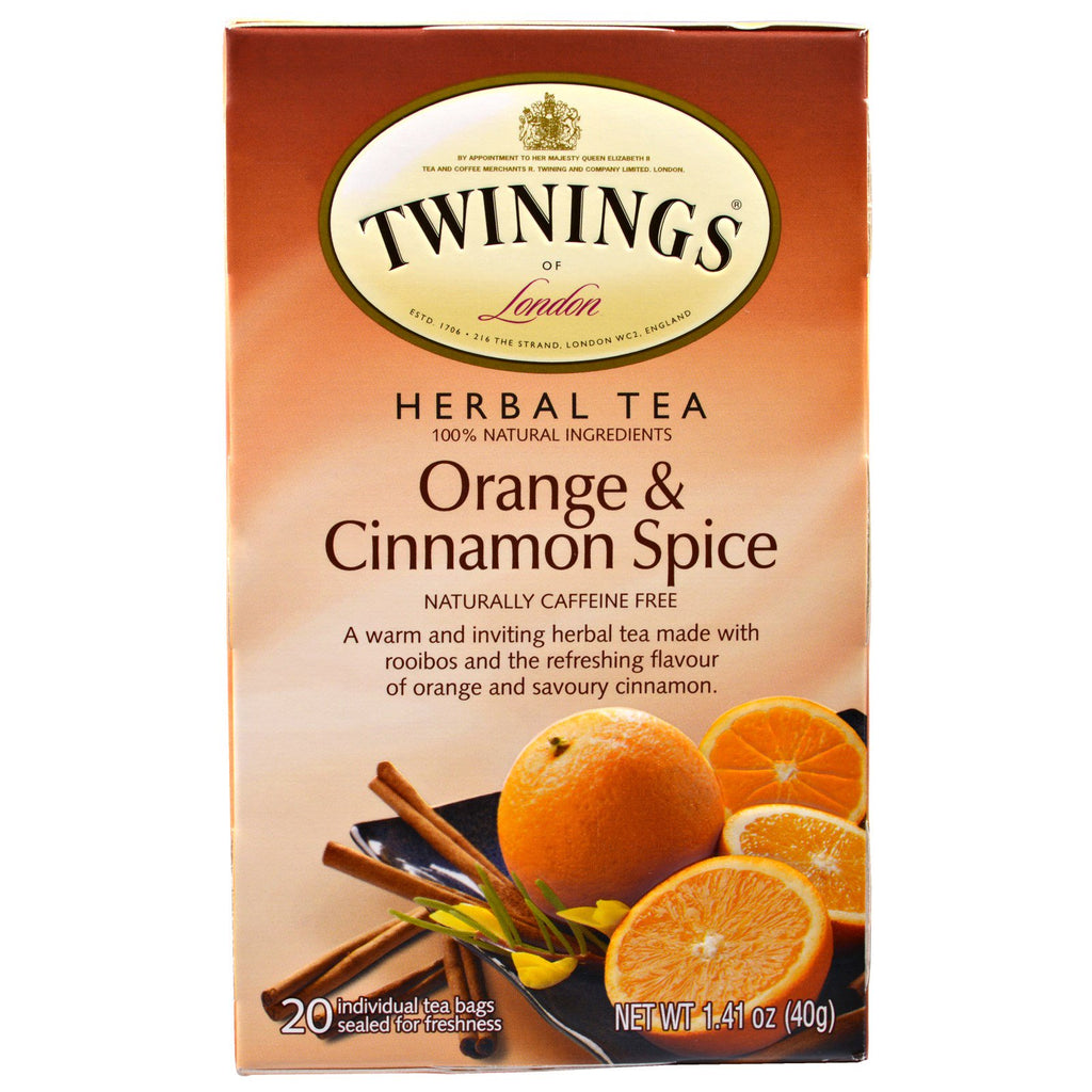 Twinings, ชาสมุนไพร, เครื่องเทศส้มและอบเชย, ปราศจากคาเฟอีนตามธรรมชาติ, ถุงชาแยก 20 ถุง, 1.41 ออนซ์ (40 กรัม)