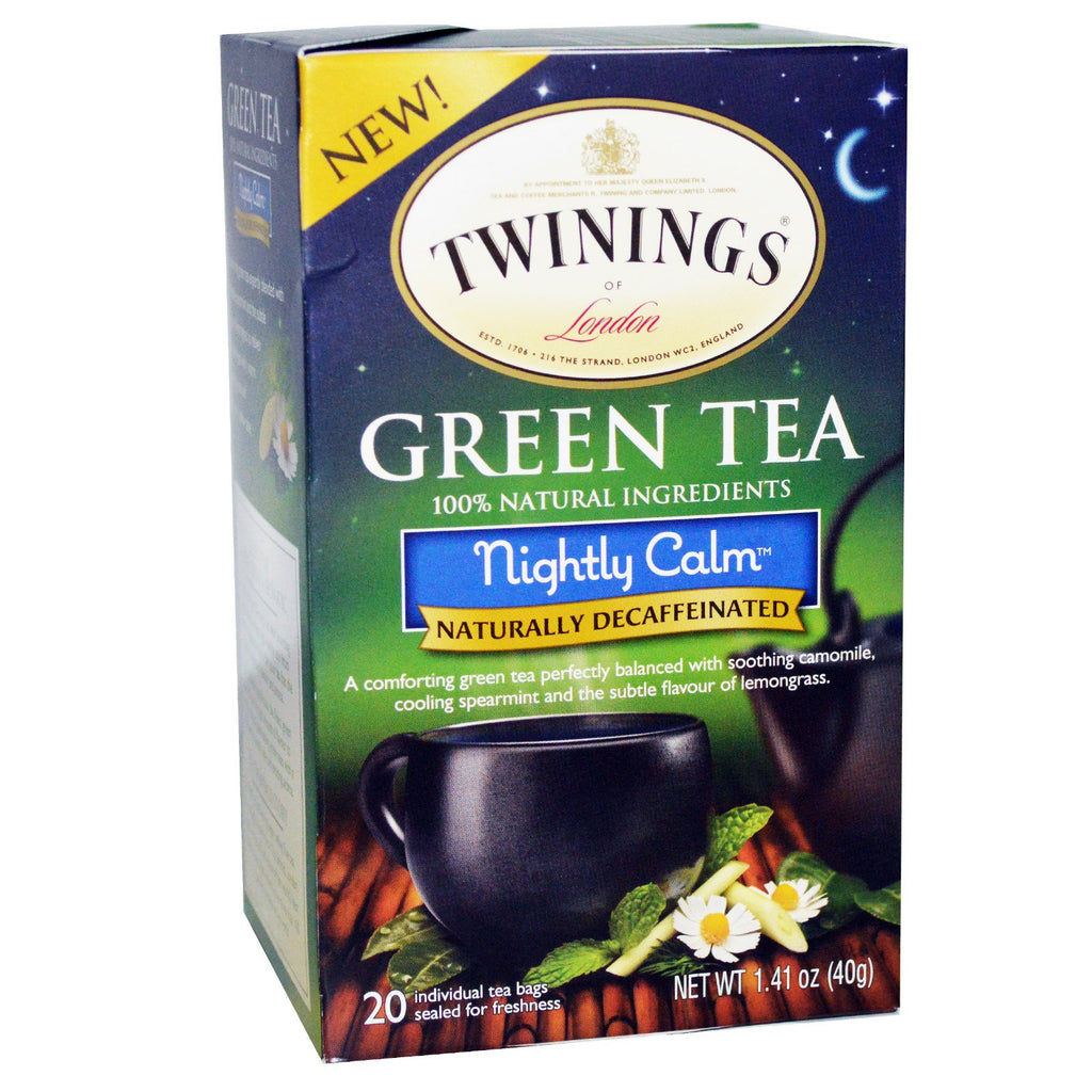 Twinings, Herbata zielona, ​​Spokojna noc, Naturalnie bezkofeinowa, 20 torebek z herbatą, 1,41 oz (40 g)