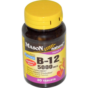 Mason Natural, Vitamin B-12, hindbærsmag, 5000 mcg, 30 sublinguale tabletter