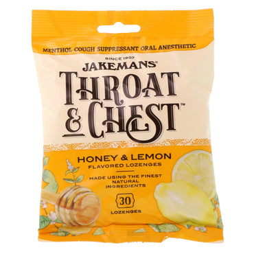 Jakemans, Throat & Chest, mit Honig- und Zitronengeschmack, 30 Lutschtabletten