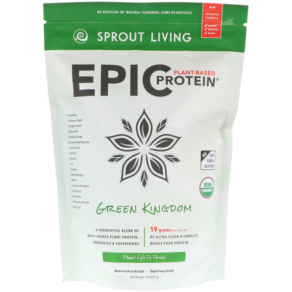 Sprout Living, episk plantebaseret protein, Green Kingdom, 1 lb (455 g)