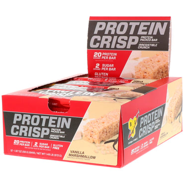 BSN Protein Crisp Vanilla Marshmallow 12 Riegel je 1,97 oz (56 g).