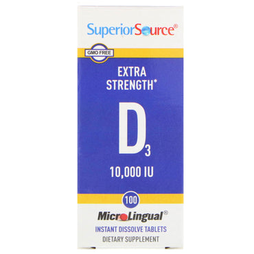 Superieure bron, extra sterke vitamine d3, 10.000 IE, 100 microlinguale instant-oplosbare tabletten