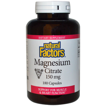 Naturlige faktorer, magnesiumcitrat, 150 mg, 180 kapsler