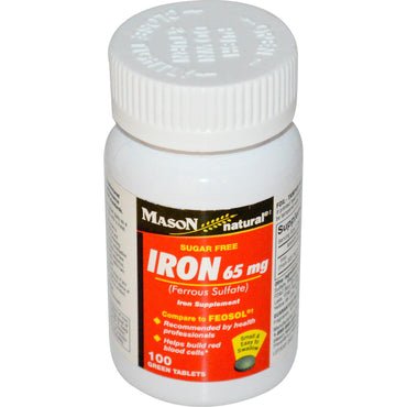 Mason Natural、鉄、砂糖不使用、65 mg、緑色の錠剤 100 錠