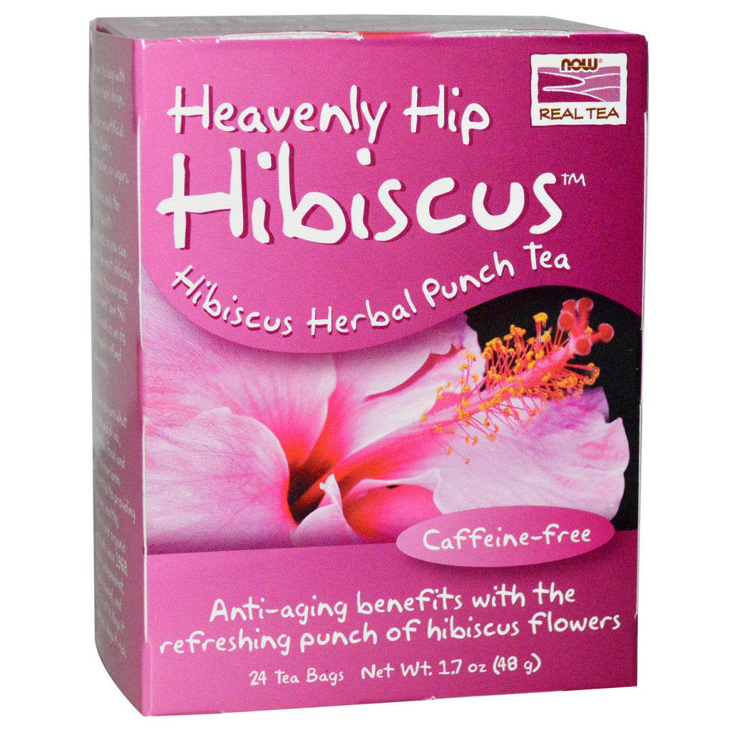 Nå mat, ekte te, himmelsk hip hibiscus, koffeinfri, 24 teposer, 1,7 oz (48 g)