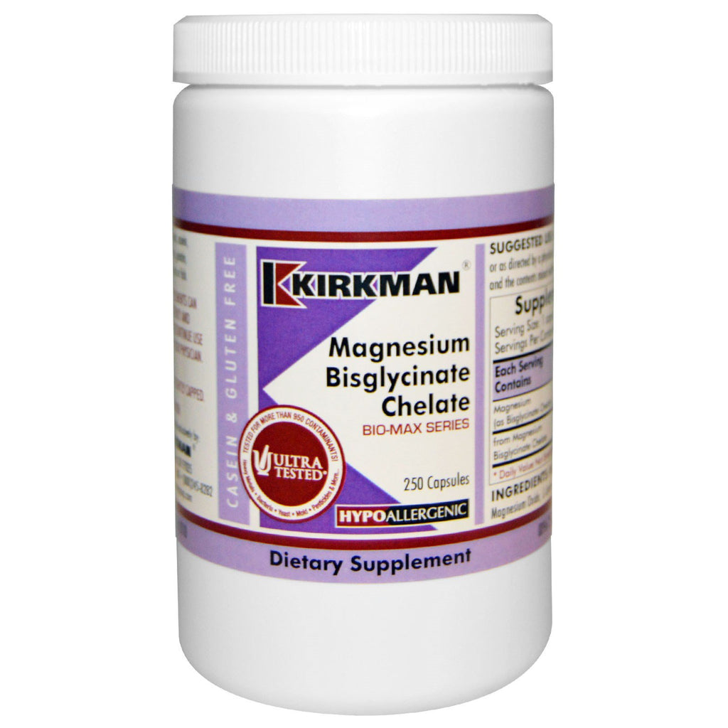 Laboratórios Kirkman, quelato de bisglicinato de magnésio, série bio-max, 250 cápsulas