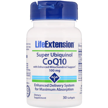 Life Extension, Super Ubiquinol CoQ10 com Suporte Mitocondrial Aprimorado, 100 mg, 30 Cápsulas Softgel