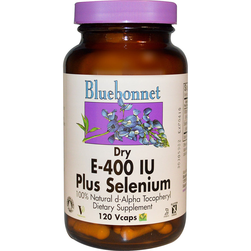 Nutrição Bluebonnet, e-400 UI seco, mais selênio, 120 cápsulas vegetais