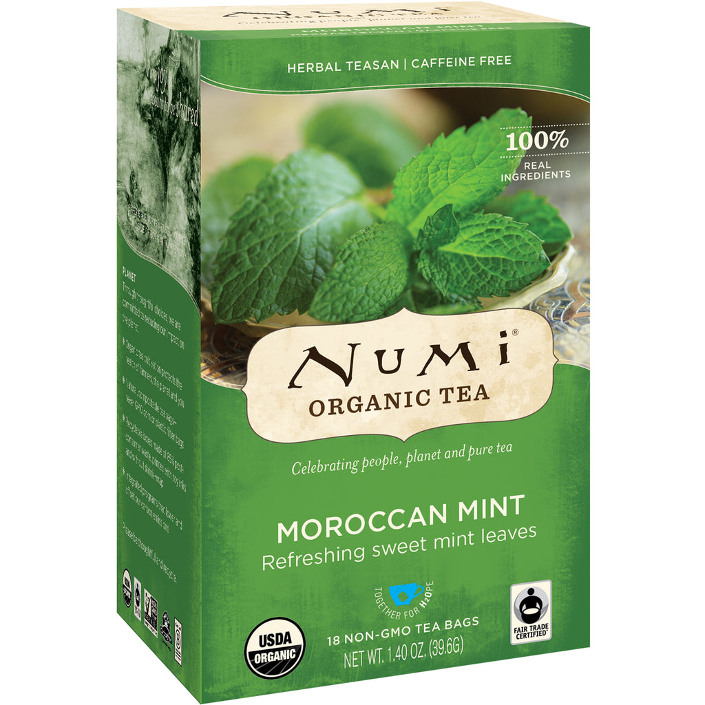 Numi-thee, thee, kruidenthee, Marokkaanse munt, cafeïnevrij, 18 theezakjes, 1,40 oz (39,6 g)