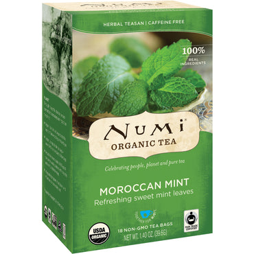 Numi Tea, Thé, Tisane, Menthe marocaine, Sans caféine, 18 sachets de thé, 1,40 oz (39,6 g)