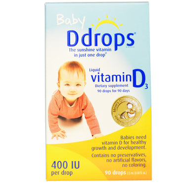 Ddrops, ベビー、液体ビタミン D3、400 IU、0.08 fl oz (2.5 ml)、90 滴