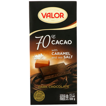 Valor, mørk chokolade, 70 % kakao, med karamel og havsalt, 3,5 oz (100 g)