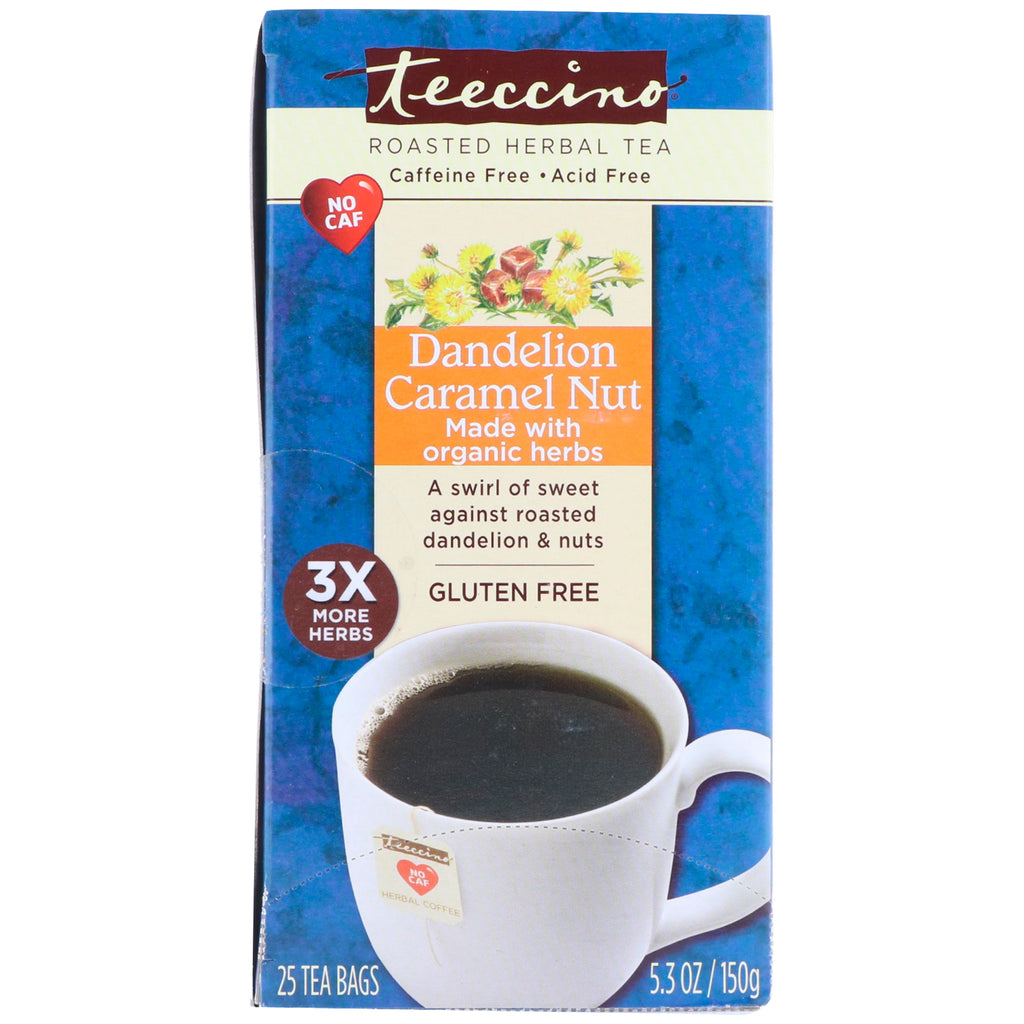 Teeccino, ชาสมุนไพรคั่ว, ถั่วคาราเมลแดนดิไลออน, ปราศจากคาเฟอีน, ถุงชา 25 ซอง, 5.3 ออนซ์ (150 กรัม)