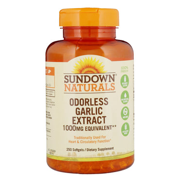 Sundown Naturals, extracto de ajo inodoro, 1000 mg, 250 cápsulas blandas