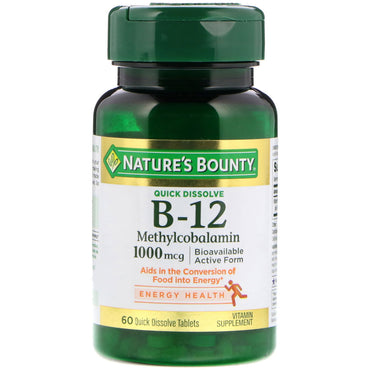 Nature's Bounty, B-12, sabor natural a cereza, 1000 mg, 60 tabletas de disolución rápida