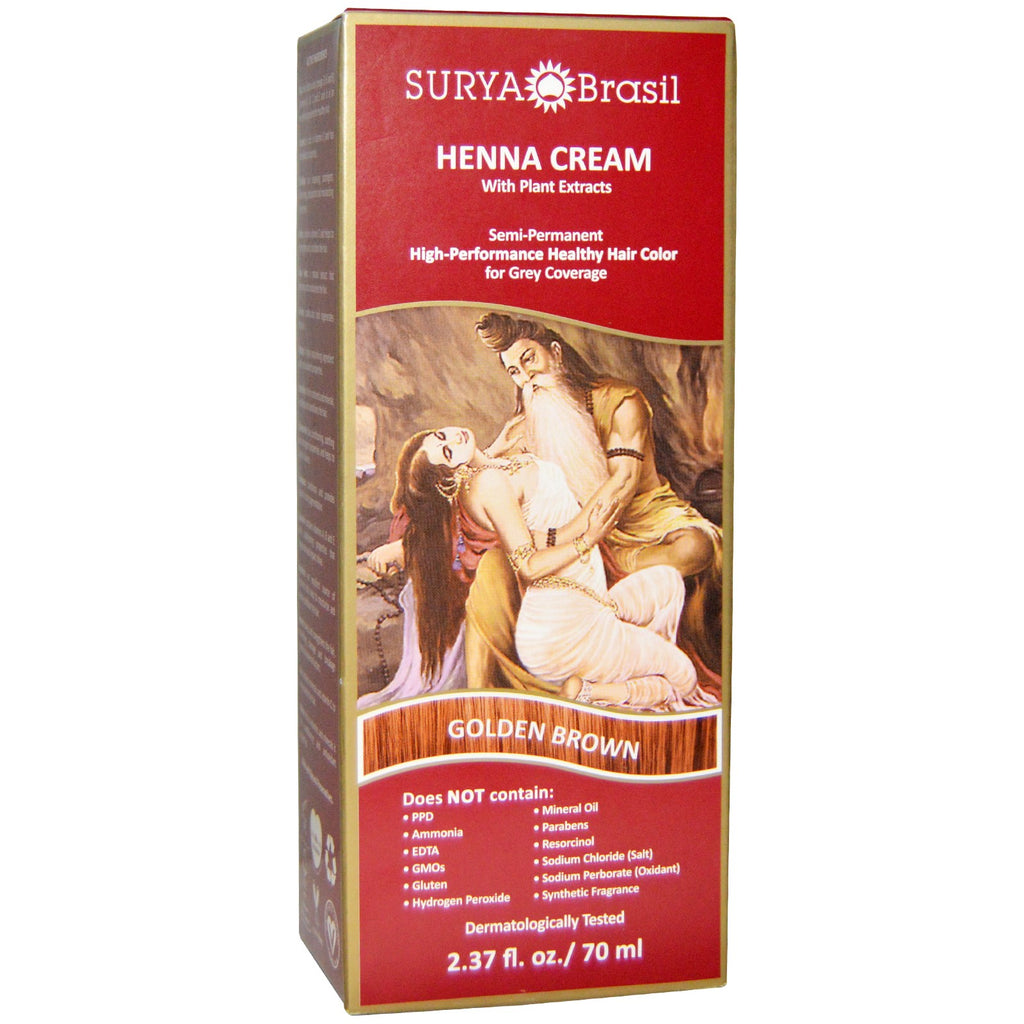 Surya Henna, Crema de henna, color de cabello saludable de alto rendimiento para cobertura de canas, marrón dorado, 2,37 fl oz (70 ml)
