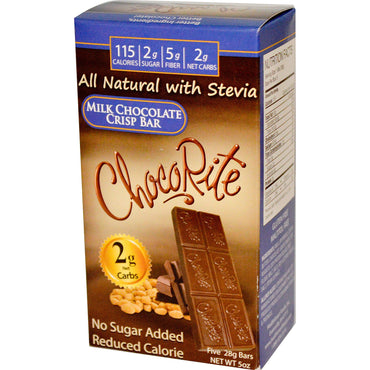 HealthSmart Foods, Inc., ChocoRite, barra crujiente de chocolate con leche, 5 barras, (28 g) cada una