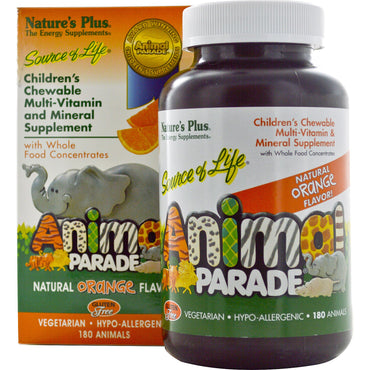 Nature's Plus, kilde til liv, dyreparade, tygbart multivitamin- og mineraltilskud til børn, naturlig appelsinsmag, 180 dyr