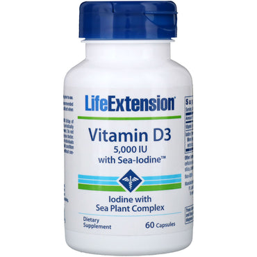 Life Extension, vitamina D3 con yodo marino, 5000 UI, 60 cápsulas