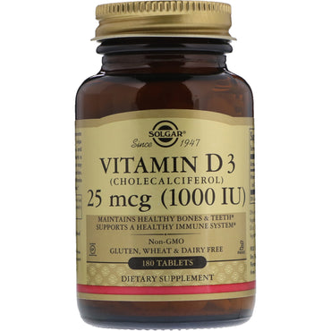 Solgar、ビタミン D3 (コレカルシフェロール)、1000 iu、180 錠