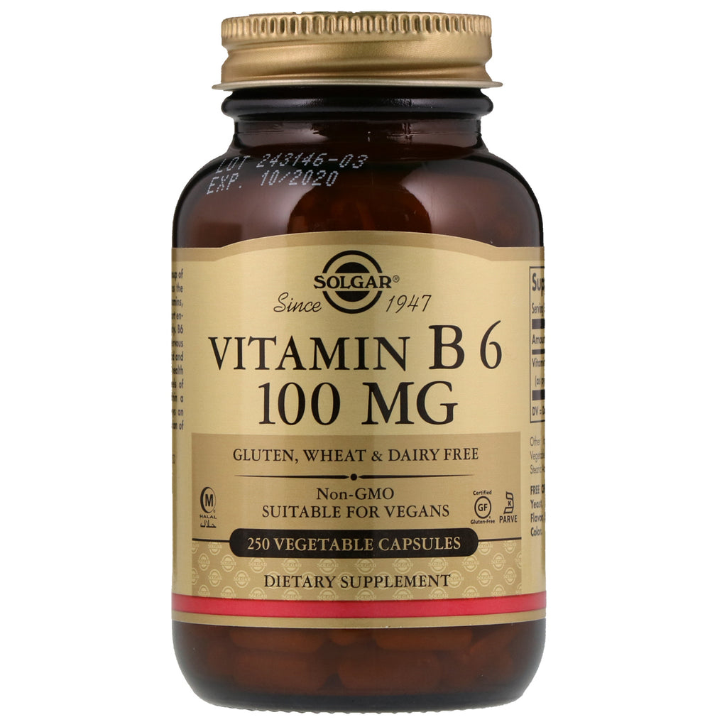 Solgar, vitamin B6, 100 mg, 250 grönsakskapslar