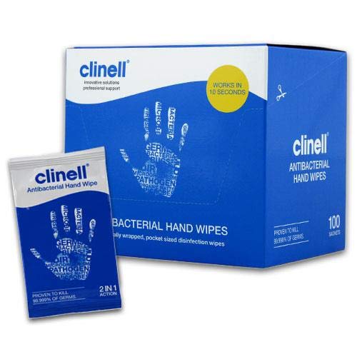 Toalhetes antibacterianos para as mãos Clinell, pacote de 100 sachês