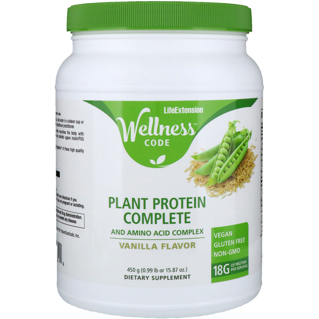 Life Extension, Wellness Code, Proteína vegetal completa y complejo de aminoácidos, Sabor a vainilla, 15,87 oz (450 g)